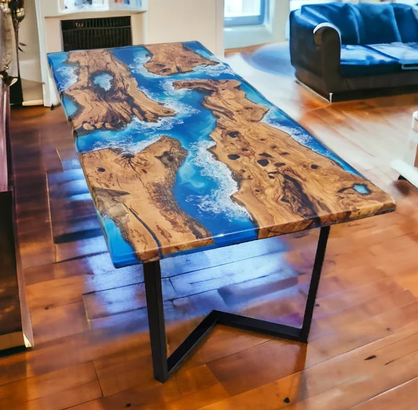 Epoxidharz Tisch aus rustikaler Eiche mit Kreuzgestell 300x110